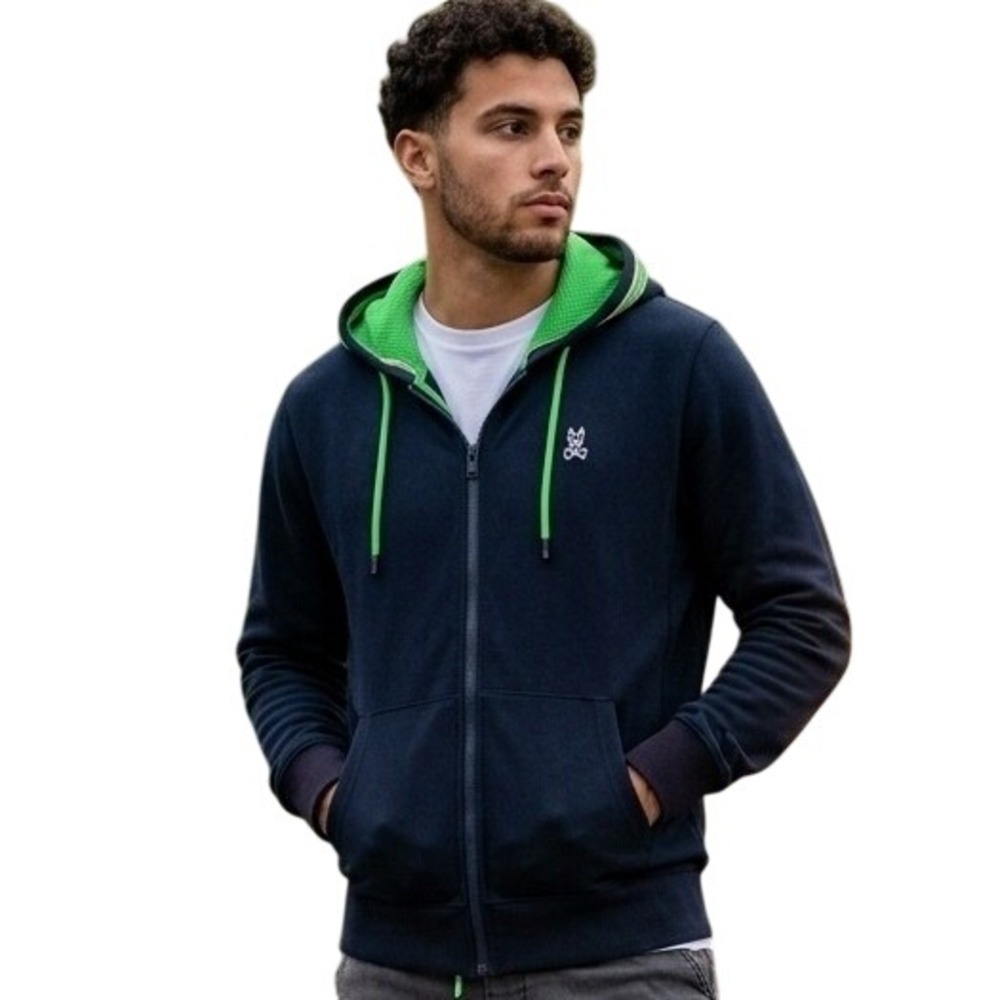 Psycho Bunny full-zip bunny logo hoodie sweatshirt Navy M/L Lime Green Lining